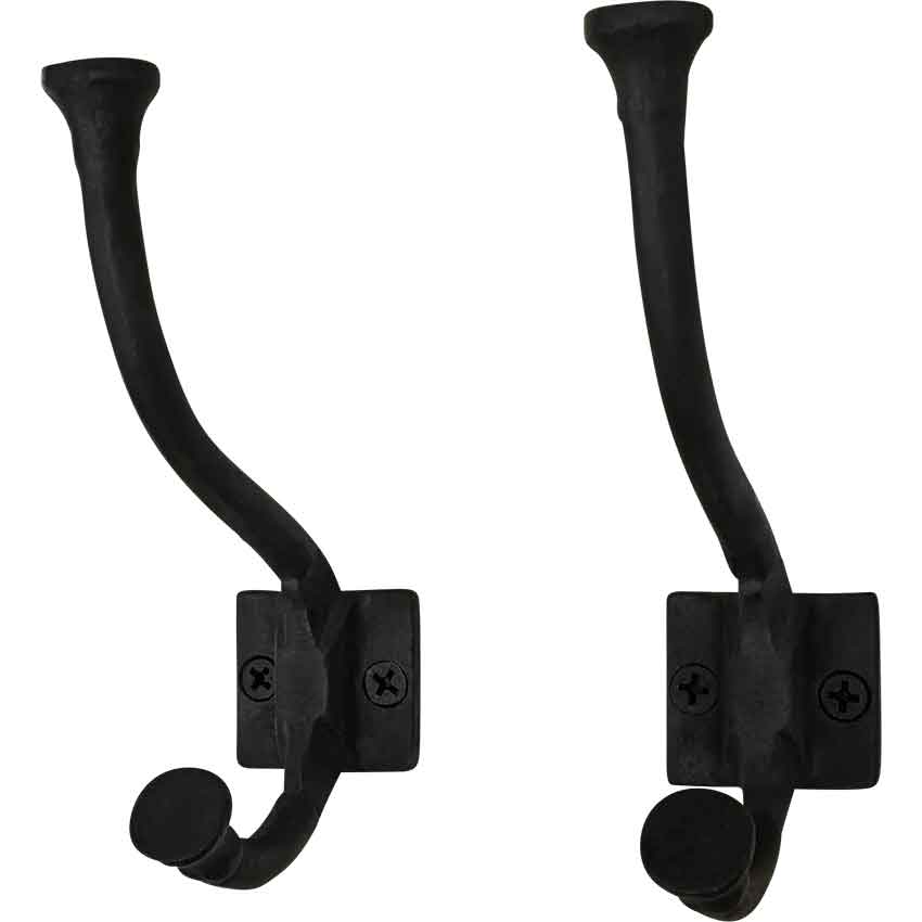 Sakega Rustic Cast Iron Wall Hooks, Heavy Duty Retro Utility Hooks for Hanging Coat, Bag, Towel, Robe, Hat and More, Pack of 2, Black