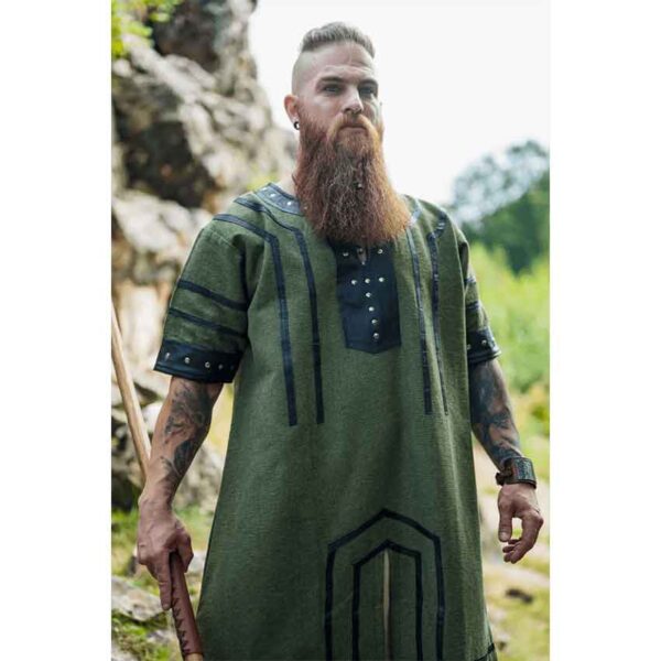 Rollo Leather Trim Viking Tunic - Green