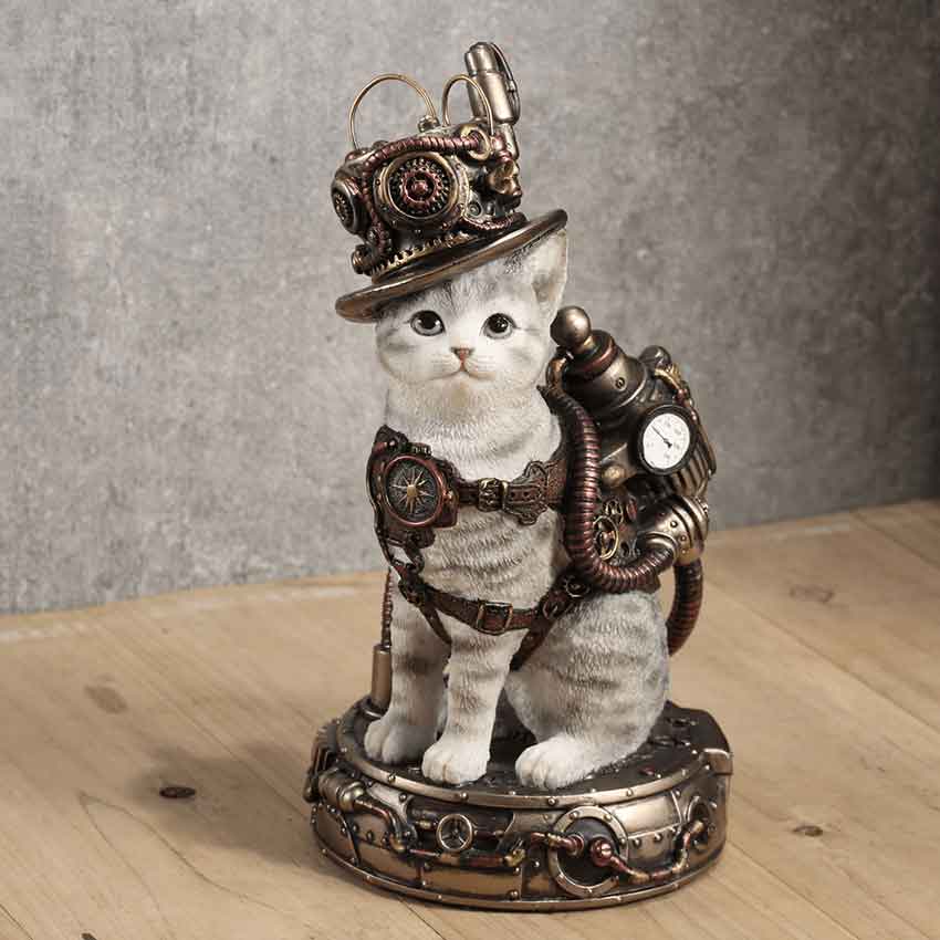 Steampunk Chaotic Neutral Tabby Cat Statue