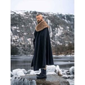 Janne Viking Cloak with Faux Fur Trim - Black