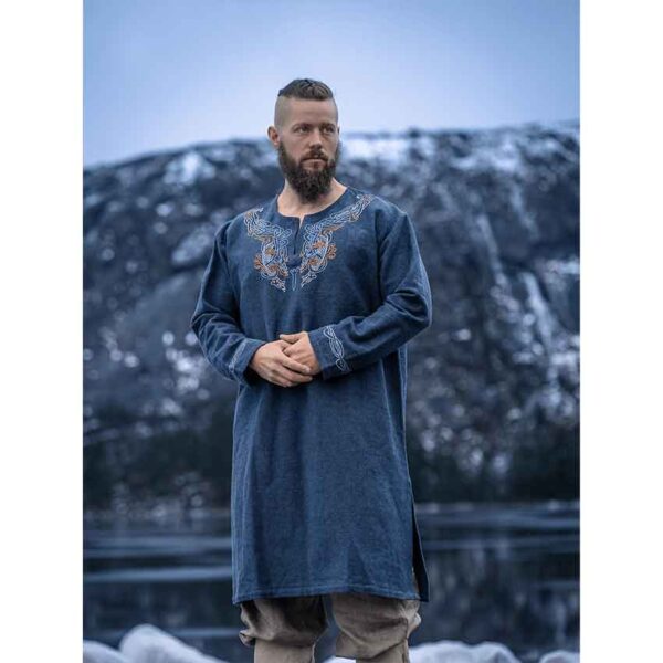 Snorri Urnes Embroidered Viking Tunic - Grey-Blue