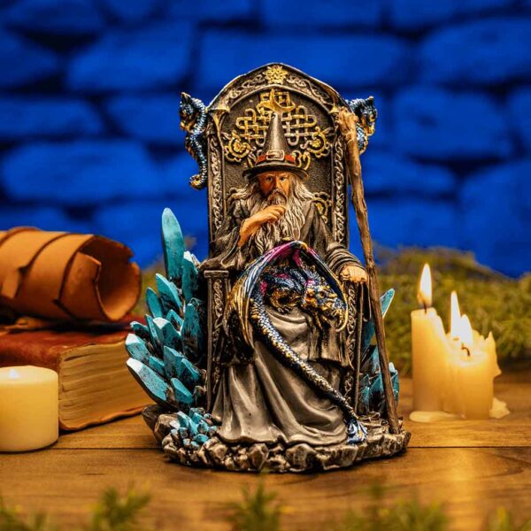 Enthroned Wizard and Dragon Statue