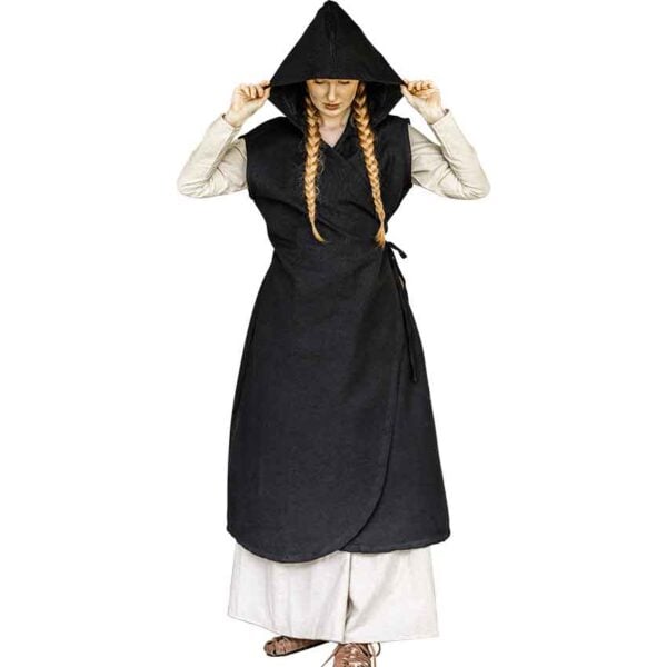 Gerlin Hooded Medieval Wrap Dress - Black