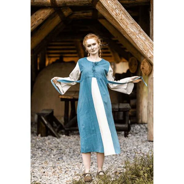 Ilse Medieval Cotton Dress - Dove Blue with Natural