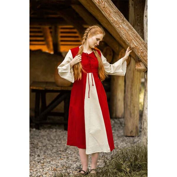 Ilse Medieval Cotton Dress - Red with Natural