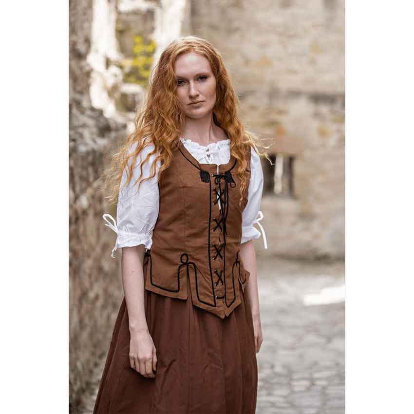 Selma Women's Embroidered Medieval Bodice - Tobacco Brown