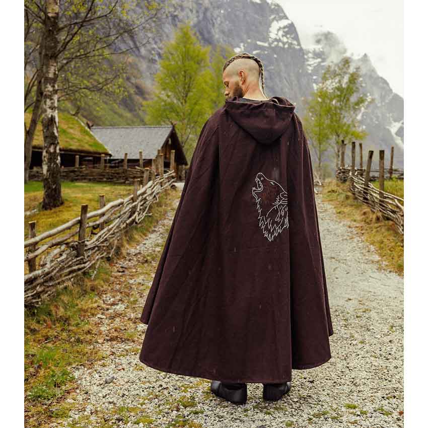 Alpha Embroidered Wolf Viking Cloak - Brown