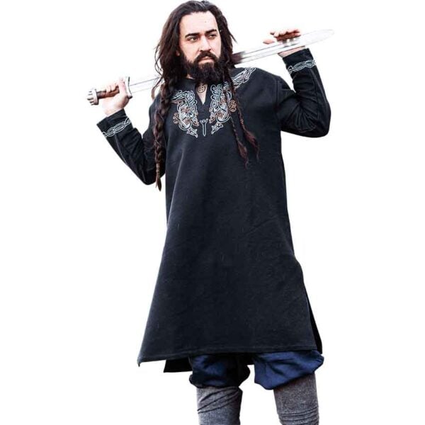 Snorri Urnes Embroidered Viking Tunic - Black with Blue