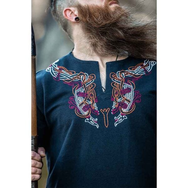 Snorri Urnes Embroidered Viking Tunic - Black with Red
