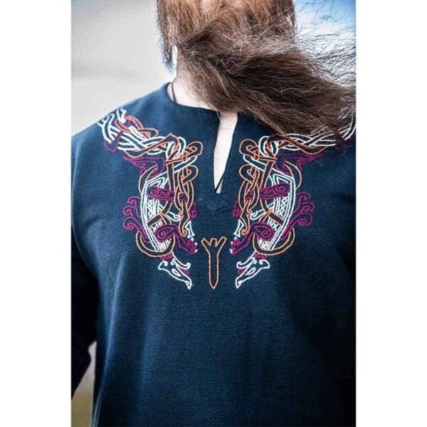 Snorri Urnes Embroidered Viking Tunic - Black with Red