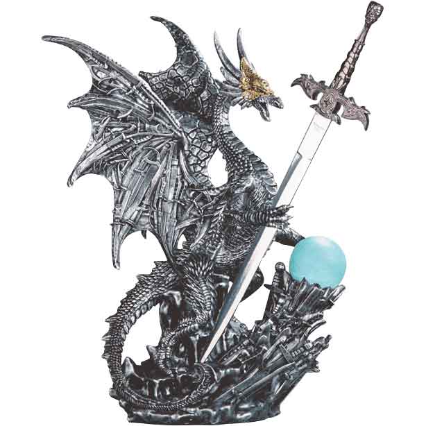 Silver Protector Dragon Statue with Sword