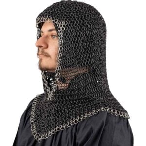 Black Chainmail Coif with Steel Trim
