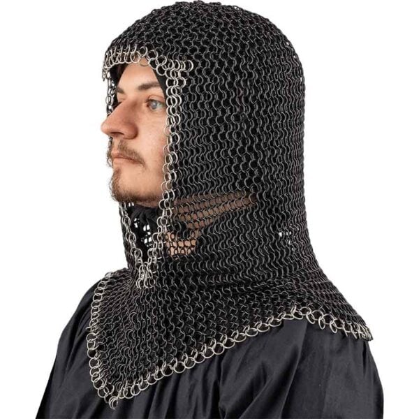 Black Chainmail Coif with Steel Trim