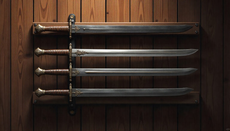Proper storage rack showing safely mounted swords