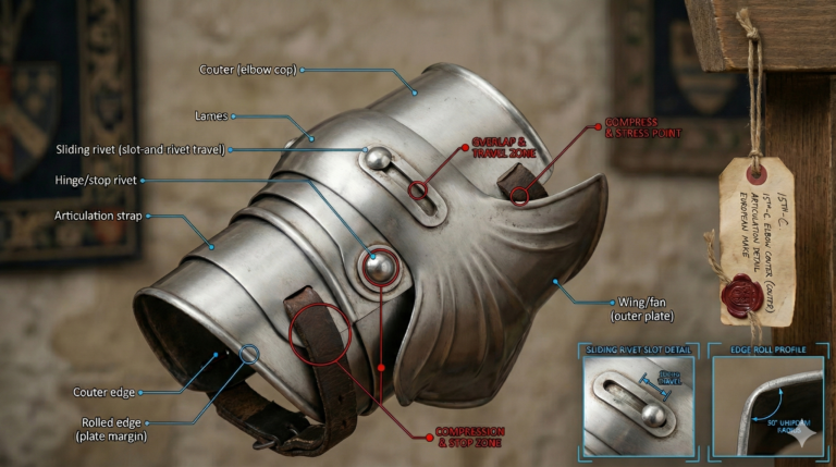 Close-up articulated elbow joint showing overlapping lames