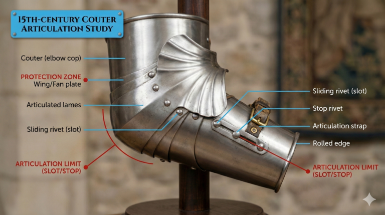 Couter showing articulated construction and protective wing plates