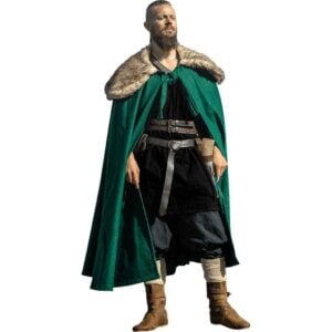 Janne Viking Cloak with Faux Fur Trim - Green
