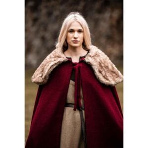 Janne Viking Cloak with Faux Fur Trim - Red