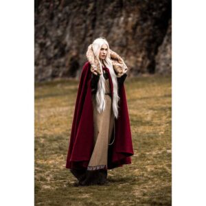 Janne Viking Cloak with Faux Fur Trim - Red