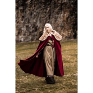 Janne Viking Cloak with Faux Fur Trim - Red