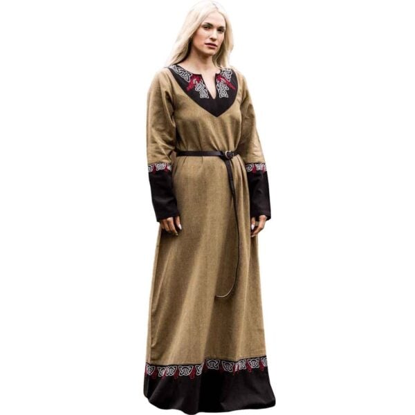 Idun Embroidered Viking Dress - Sand