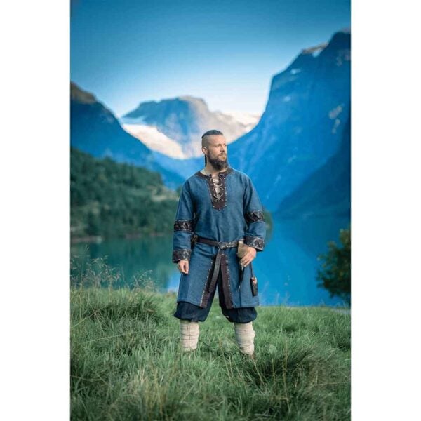 Leif Leather Trim Viking Tunic - Blue