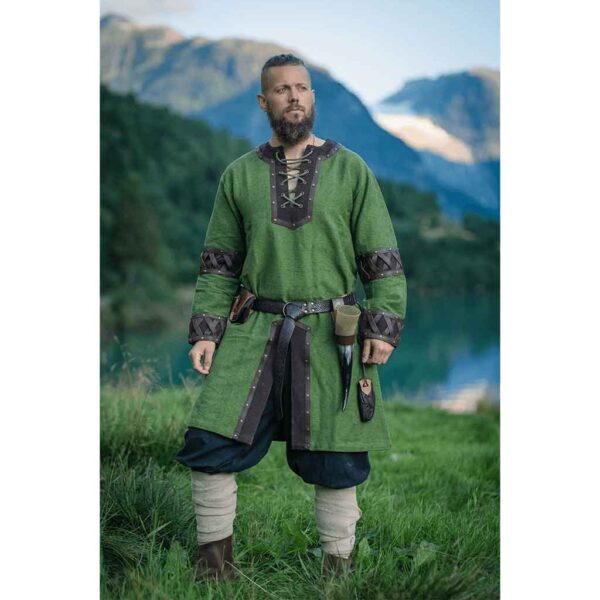 Leif Leather Trim Viking Tunic - Green