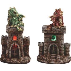 Red and Green LED Dragon Castle Statue Set