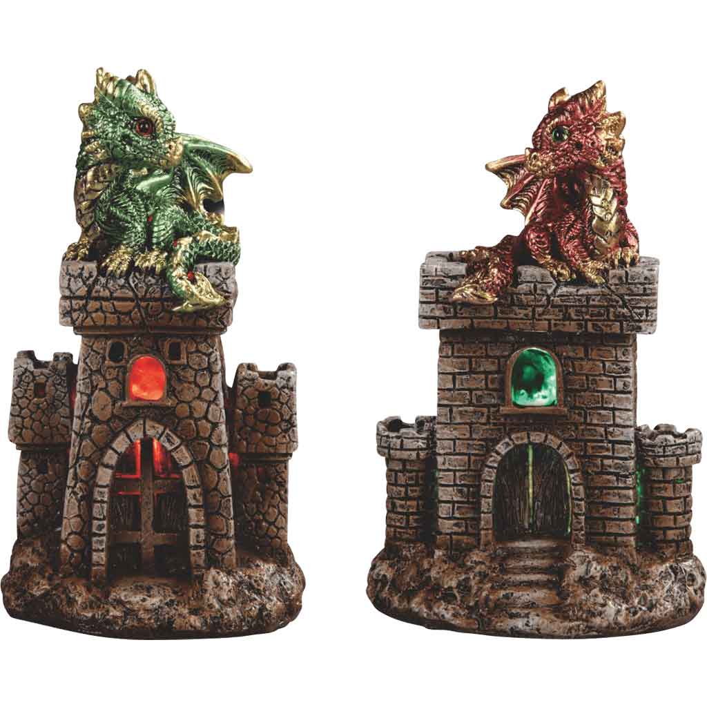 Red and Green LED Dragon Castle Statue Set