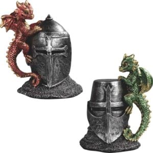 Red and Green Dragon Helmets Statue Set