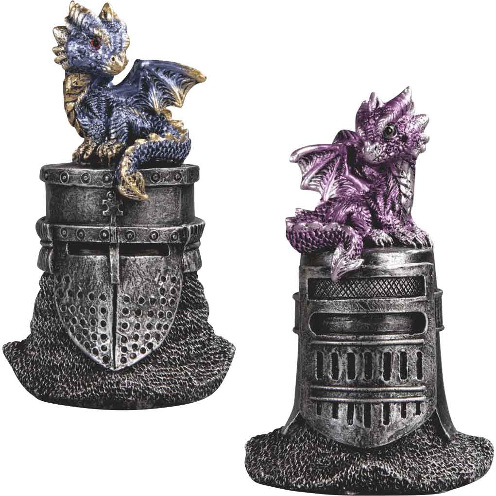 Blue and Purple Dragon Helmets Statue Set