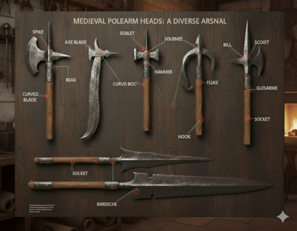 different polearm heads showing variety designs