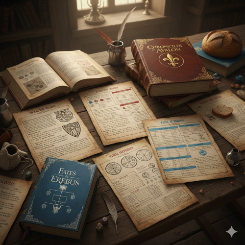 Rulebook pages and character sheets from various LARP